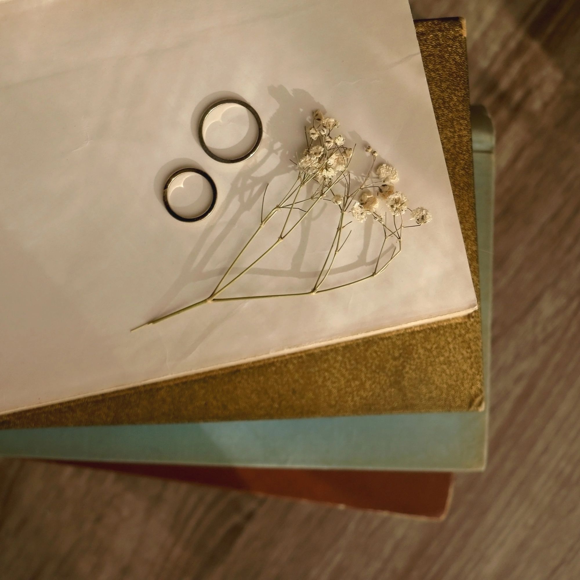 Wedding rings on vintage books with flowers