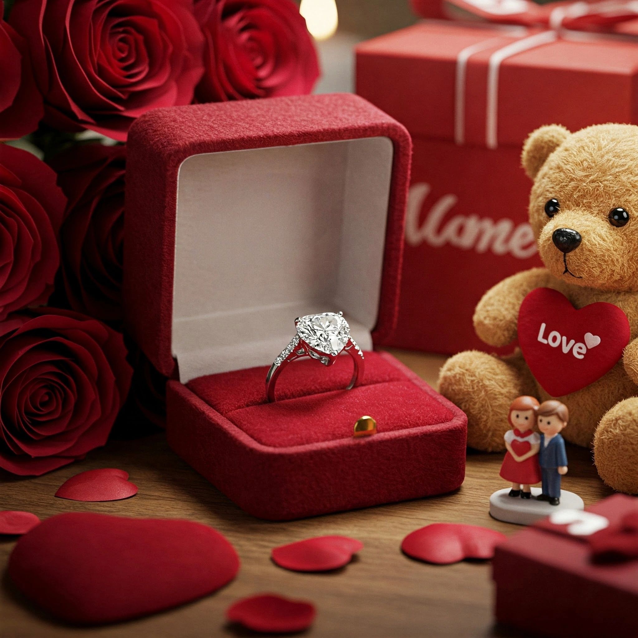 Wedding ring in a gift box with roses