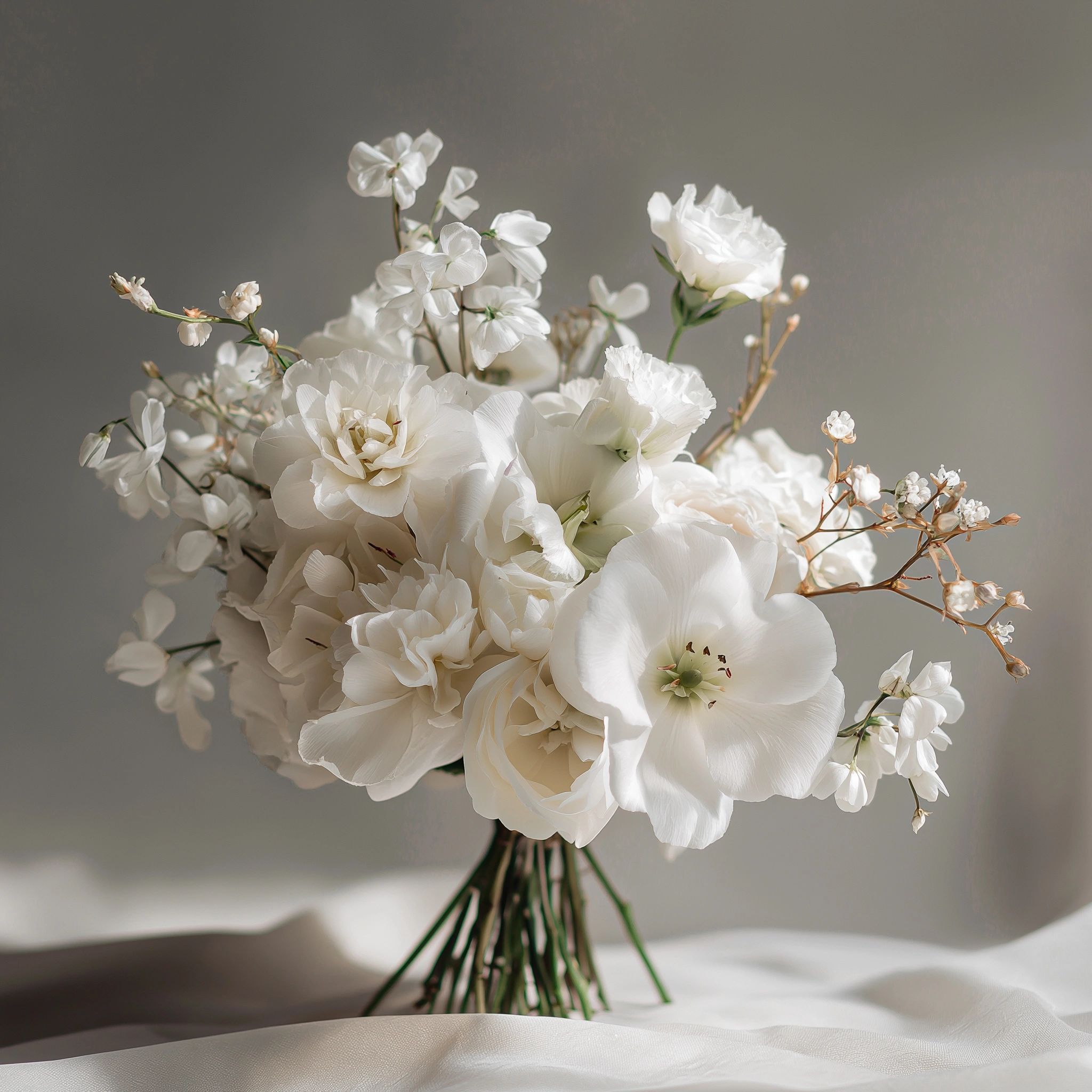 Minimal white wedding bouquet in soft light